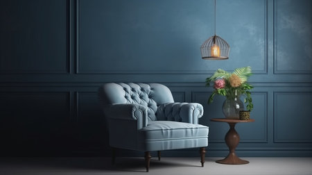 a cozy living room setup with a blue fabric armchair, a lamp for reading, a book to enjoy, and plants for added freshness, all against an empty blue wall background.の素材