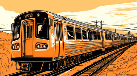 this text to image prompt features a train in san francisco, depicted in an eye-catching orange and black line art style with a comic book twist.の素材