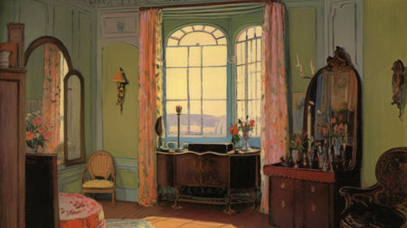 a beautiful artwork by vanessa bell depicting an elegant interior with various elements and colorsの素材