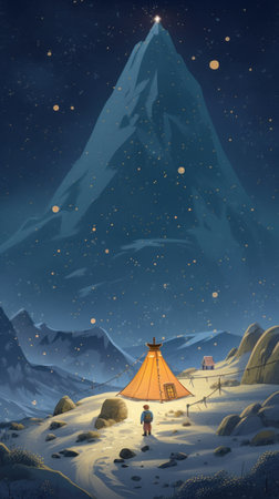 Fantasy landscape with mountains and a tent. Digital painting illustration.の素材