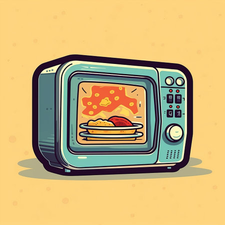 Vector illustration of a retro microwave oven with food on it. Isolated on yellow background.の素材