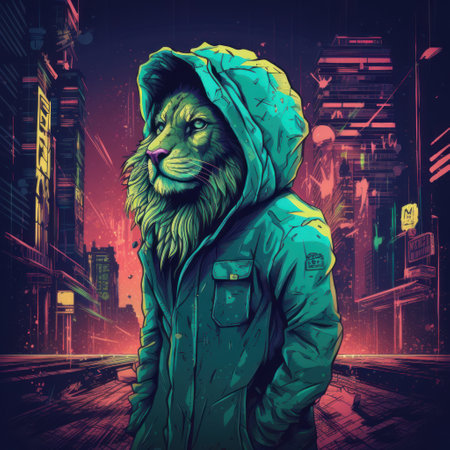 Lion in raincoat on the background of the night city.の素材