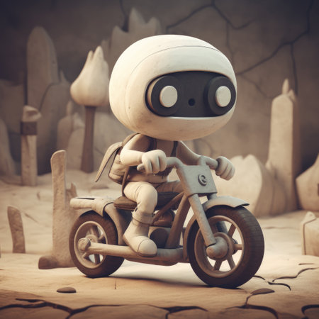 Vintage robot sitting on a motorcycle in the desert,vintage styleの素材