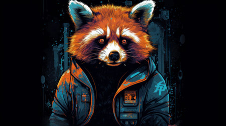 a graphic design artwork by artist gilbert featuring a red panda wearing a hoodie in crisp neo-pop style with cyberpunk elements. the illustration boasts 32k uhd resolution and combines comic book and steampunk aesthetics while highlighting street elements., ai generatedの素材