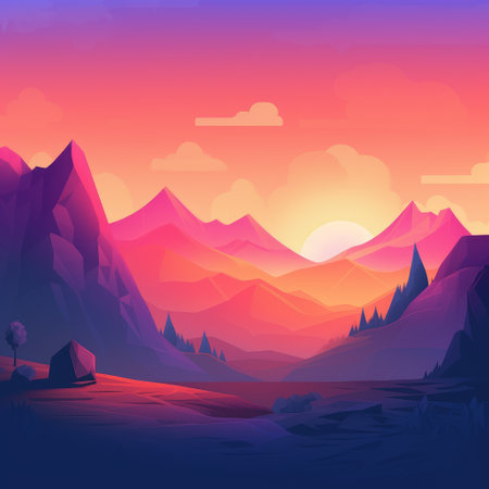 Mountain landscape at sunset. Vector illustration in a flat style.の素材