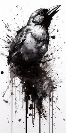Digital painting of a black crow on a white background with splashesの素材