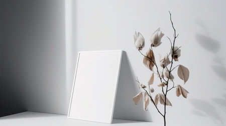 Minimalistic still life with a white vase and a branch of a white magnoliaの素材