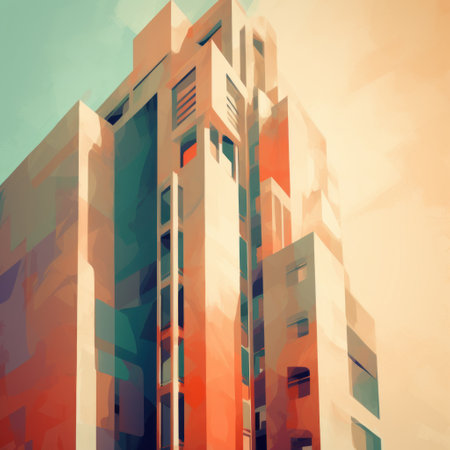 an abstract representation of a tall building in a complimentary, harmonious color palette with harmony of shapes and textures., ai generatedの素材