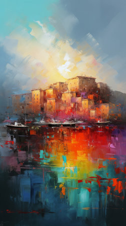 a high resolution image of an abstract painting featuring the vibrant colors of a sunset over the port of marseille with no use of black color.の素材