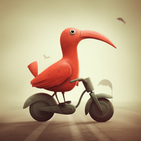 Funny red bird on a scooter and flying birds in the backgroundの素材