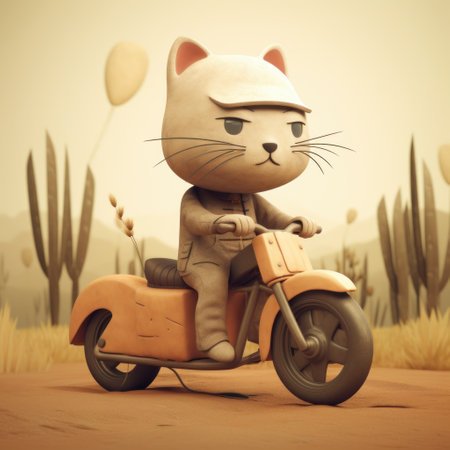 Vintage style of a cat riding a motorbike in the desertの素材