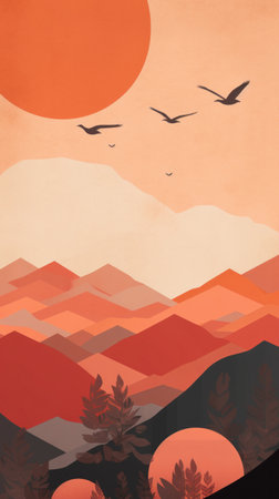 Mountain landscape with sunset and seagulls. Paper art styleの素材