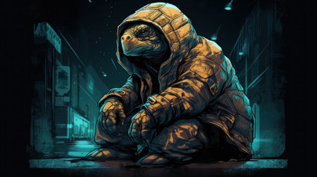 Astronaut sitting in the rain on a background of urban landscapeの素材