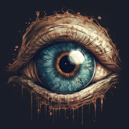 Human eye with splashes of blood. Vector illustration on black background.の素材