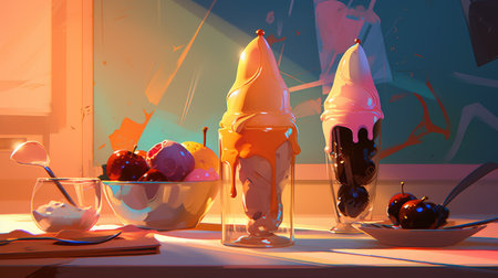 this text to image prompt features a minimalist still-life of a sundae dessert with neon colour overlay. the plain light colour background is lit with bright lighting and high exposure, capturing the artful painting style of atey ghailan, james gilleard, and greg tocchini. the low camera angle adds a dramatic effect to the composition.の素材