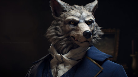 a detailed and hyper-realistic rendering of a wolfman character with large eyes and wearing a suit in bronze and navy colors. the style is neo-victorian and the image draws inspiration from artists such as george morland and magali villeneuve. this prompt is also influenced by the furry fandom and caninecore aesthetics.の素材