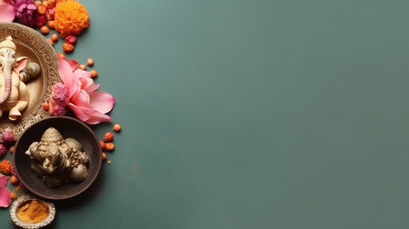 Indian festival Dussehra, green background with flowers and sweetsの素材