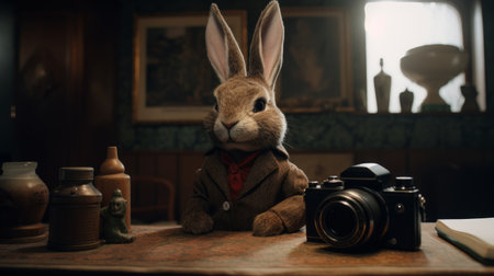 Rabbit with a camera and a book on a wooden table.の素材