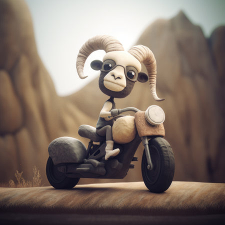 a creative illustration of a bighorn sheep riding a motorcycle, inspired by jon klassen's style. the illustration is created using 3d techniques and rendered with octane. it is an original ip design., ai generatedの素材