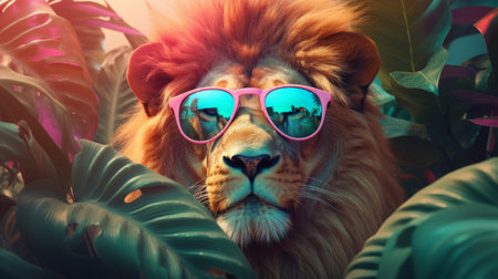Portrait of a lion in sunglasses on the background of tropical leaves.の素材