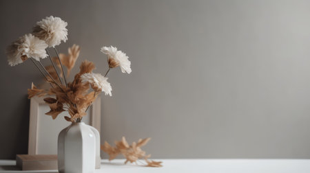Dried flowers in vase on white table and grey wall backgroundの素材
