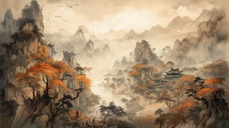 a stunning depiction of the three kingdoms period in china, showcasing the beauty of the landscape through a watercolor art style referencing traditional chinese calligraphy. the soft colors and japanese style further enhance the detailed dark fantasy illustration, depicting an amazing scenery that is both arcane and mesmerizing. the artwork features chakra, symbolizing energy and power, lending even more depth and meaning to the piece.の素材
