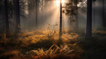 a poetic description of the beautiful reality of a sunrise in a forest in finland. the style of the image is light amber and emerald, inspired by the works of wieslaw walkuski. the image evokes feelings of the wilderness, with hints of prairiecore and mist. the dominant colors are light gray and amber.の素材