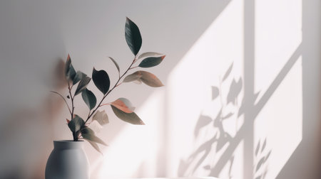 flowers in vase on white wall with sunlight and shadows. interior designの素材