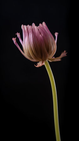 a beautifully captured photo of a flower with a curved thin stem. the high detail and elegant composition make this studio photoshoot an artistic masterpiece. with 8k resolution, this image is sure to leave a lasting impression.の素材