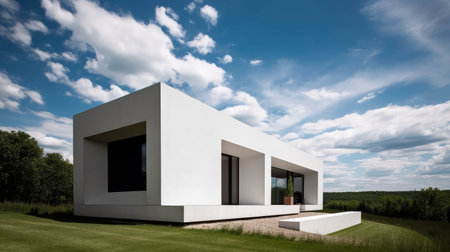 Modern white house with green field and blue sky. 3d renderingの素材