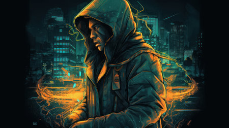 Image of hacker in hoodie against night city background with glowing lightsの素材
