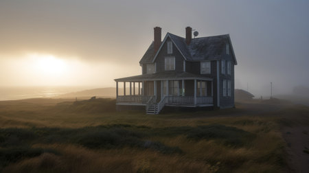3D render of a house in the fog at sunset with a lighthouseの素材