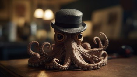 this image portrays a surrealistic world where a mafia octopus is ruling over the underworld. the octopus is wearing a fedora hat and a suit with a cigar in its mouth. its tentacles are holding different objects that represent its power and hold over the criminal world. the colors used in this image are dark and mysterious, creating a sense of intrigue and danger.の素材