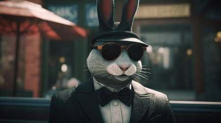 Vintage style portrait of a cat wearing a rabbit costume and sunglassesの素材