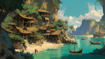 this text to image prompt portrays a gorgeous and amazing idyllic tropical paradise village oasis with stunning turquoise blue water, all brought to life by the master illustrator frank frazetta.の素材