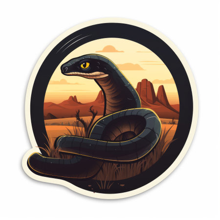 a front profile view of a black mamba snake, designed with flat style graphics, placed on a mountain in a desert background. ideal for use as a sticker., ai generatedの素材