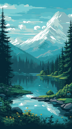 a beautiful pixel art painting of mountains and a lake, done in the style of ps1 graphics. the colors used are dark emerald and sky-blue, giving it a forestpunk vibe. the painting is also reminiscent of the neogeo style, and is inspired by the works of whistler. it's created in 32k uhd, ensuring that every detail is captured with clarity.の素材