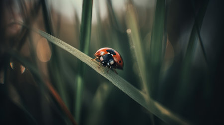 ladybug on blade of grass in the morning light, vintageの素材