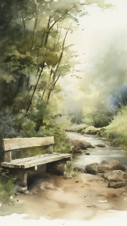Watercolor painting of a bench by the river in the forest.の素材