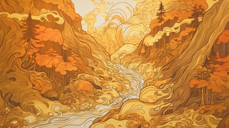 ultra-detailed, ultra-photorealistic art featuring a mountainscape with a river of tomato soup running down to a soup lagoonの素材