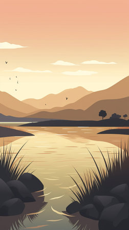 Landscape with lake and mountains in the background. Vector illustration.の素材