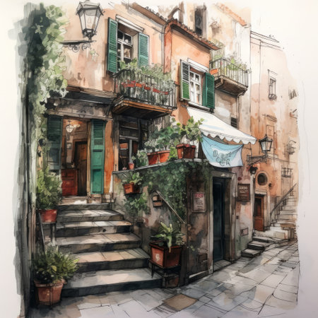 Watercolor sketch of a narrow street in the old town of Venice, Italyの素材