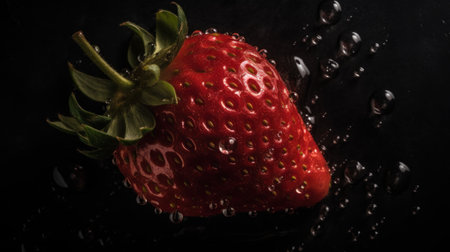 Strawberry falling into the water with a splash on a black backgroundの素材