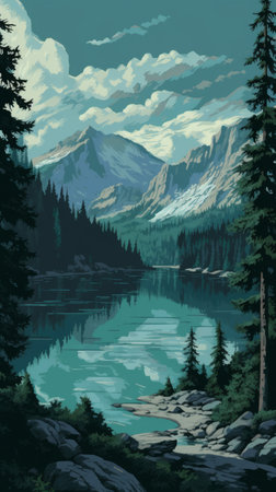 Mountains and lake with coniferous forest. Vector illustration.の素材