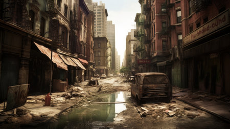 create an image that depicts the postapocalyptic landscape of new york city, inspired by the movie 'i am legend'. the image should feature an abandoned cityscape overtaken by nature and deserted streets. the mood should be eerie and haunting, emphasizing the feeling of loneliness and isolation.の素材