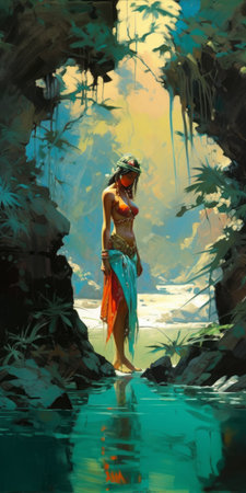 a stunning work of art by frank frazetta depicting an idyllic tropical village oasis with crystal clear turquoise waters and a beautiful woman, exquisitely portrayed and rendered with his signature style.の素材