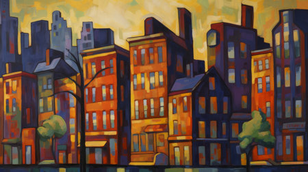 Digital painting of a cityscape with colorful houses in the background.の素材