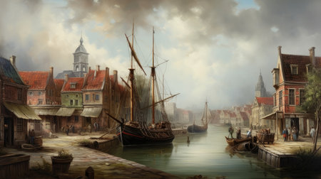 Digital painting of the old town of Gdansk, Poland.の素材
