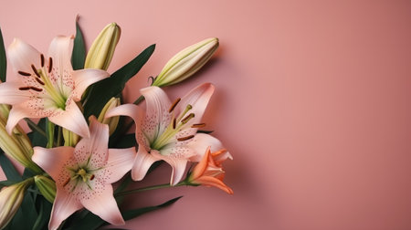 Beautiful lily flowers on pink background, flat lay. Space for textの素材