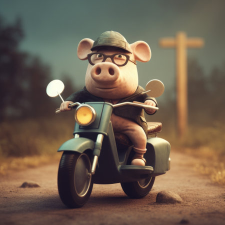 a creative image of a pig riding a motorcycle, inspired by the artistic style of jon klassen. the image is rendered in 3d using octane, and features unique intellectual property design.の素材